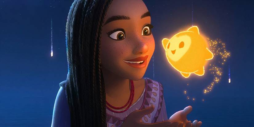 Asha is happily looking at the cute fallen star sidekick in Disney's Wish