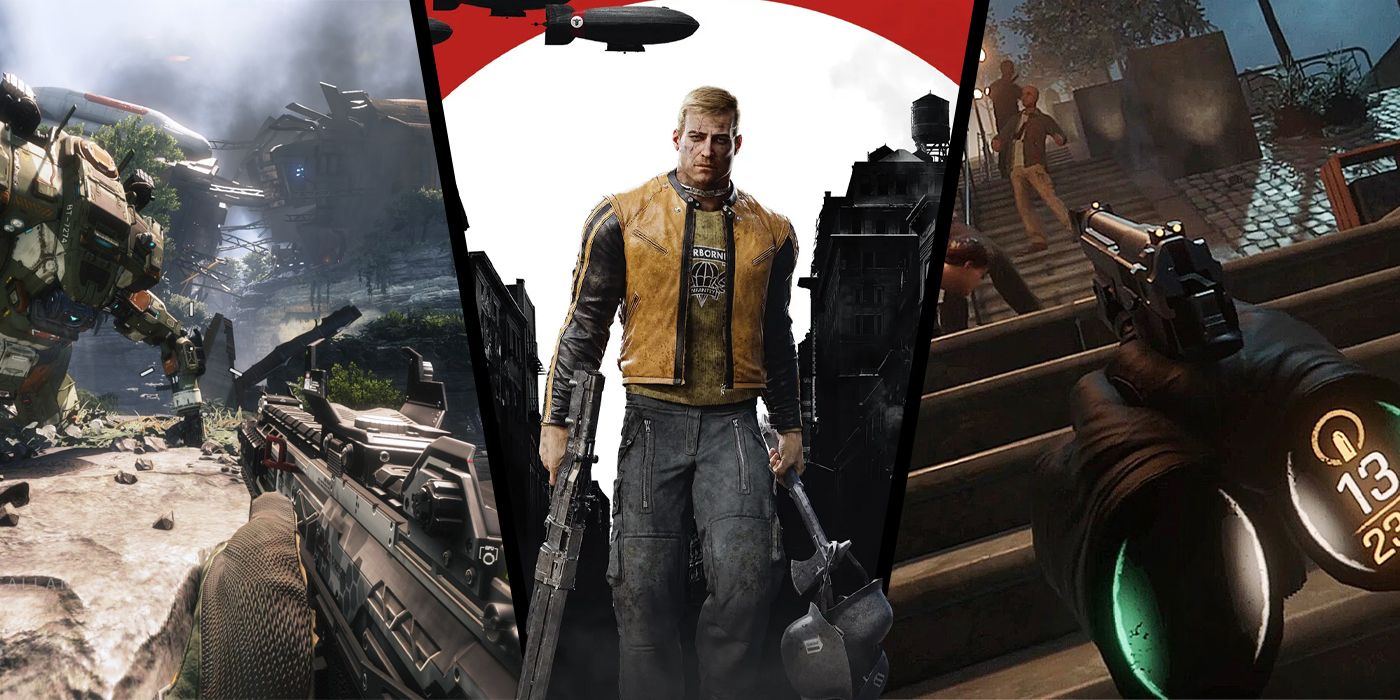 Images from Titanfall 2 (left), Half-Life: Alyx (right), and Wolfenstein II: The New Colossus (center) are spliced together.