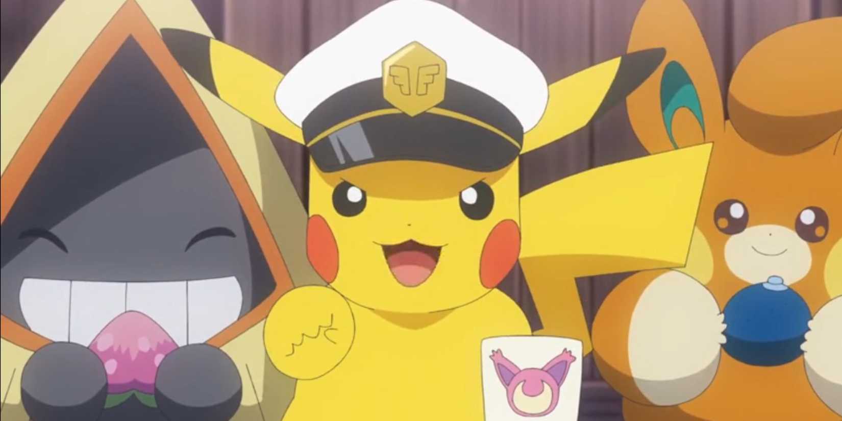 Captain Pikachu holds out his fist while also holding a cup of juice as the Pokemon aboard the Brave Olivine eat berries in Pokemon Horizons.