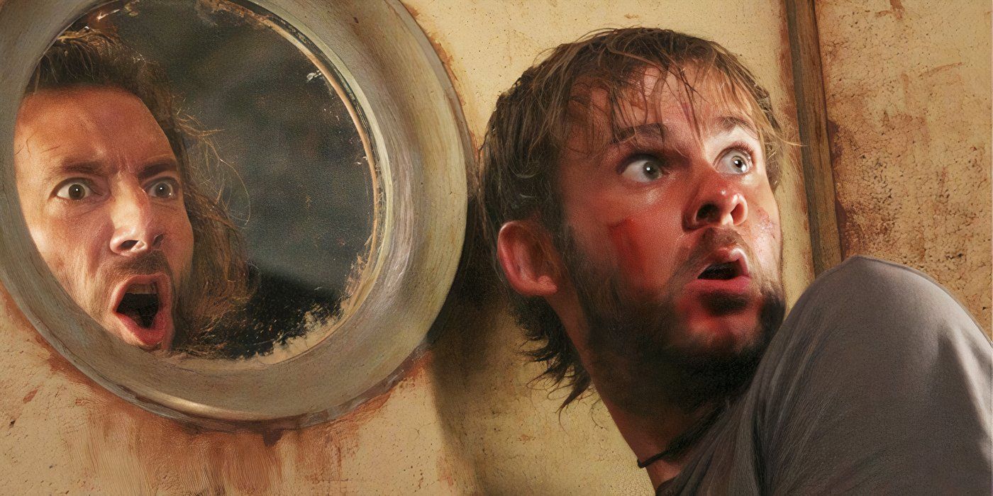 Charlie e Desmond surpresos em um cenário subterrâneo em Lost