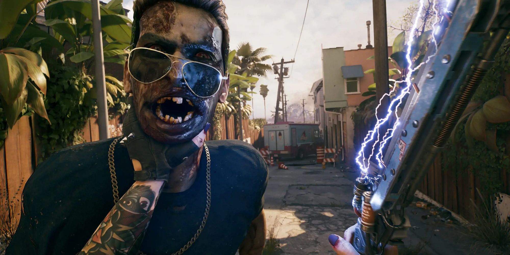 A jogabilidade de um zumbi de Dead Island 2 luta enquanto segurava a espada eletrificada