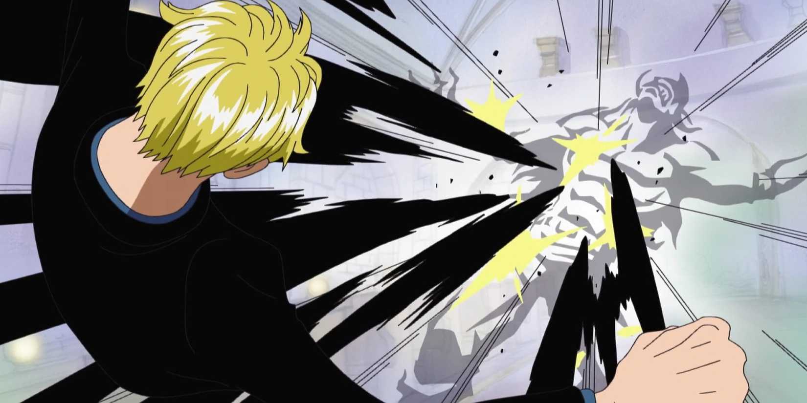 Sanji donne un coup de pied à Absalom avec ses Extra Hachets dans Thriller Bark