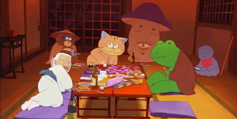 Anzu and forest spirits have a party in the anime movie Ghost Cat Anzu.