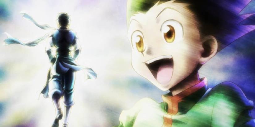 Gon Freecss smiles at Ging Freecss in Hunter x Hunter.