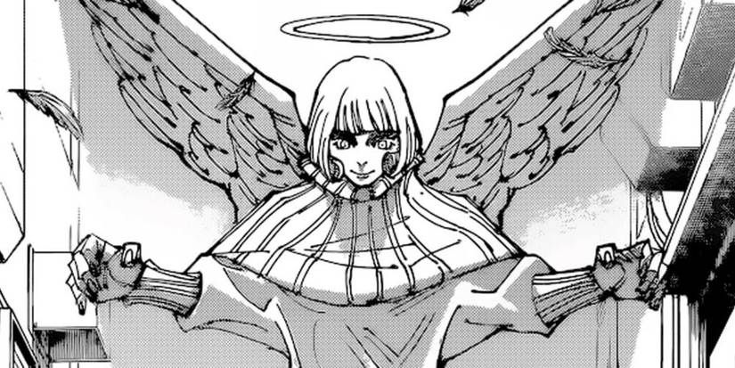 Hana Kurusu est debout, les bras écartés et un air méchant sur le visage dans le manga Jujutsu Kaisen.