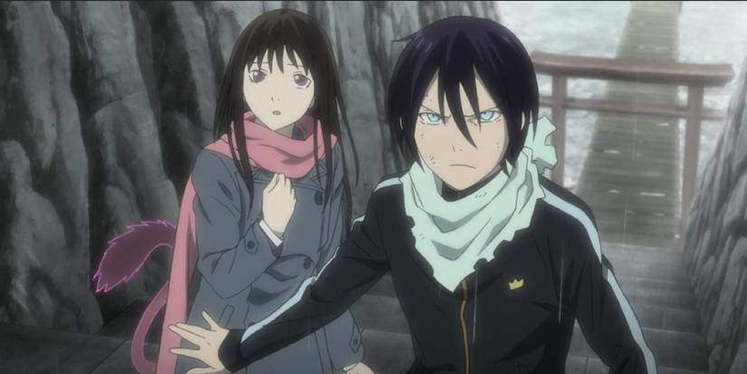Hiyori a l'air inquiet et Yato les regarde fixement alors qu'ils rencontrent quelqu'un à Noragami.
