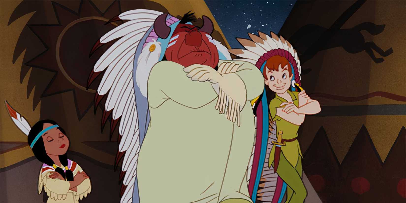 Peter Pan is crossing his arms with Tiger Lily and the Chief in Peter Pan