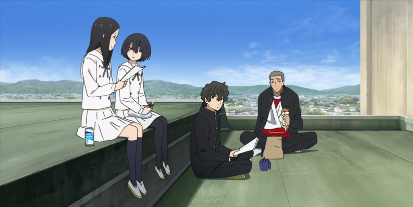 jun, takumi, natsuki, saiki eating lunch together in the anthem of the heart.