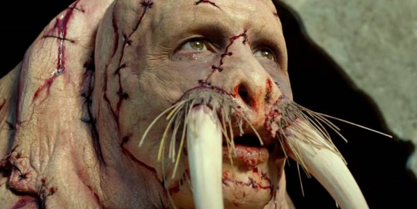 A closeup of Justin Long's Wallace after his walrus transformation in Tusk.