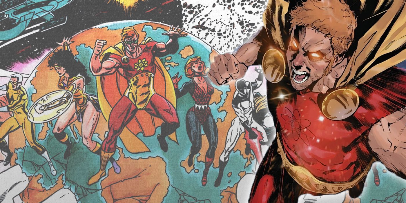Hyperion readying a punch with Marvel's Squadron Supreme and their dying world in the background