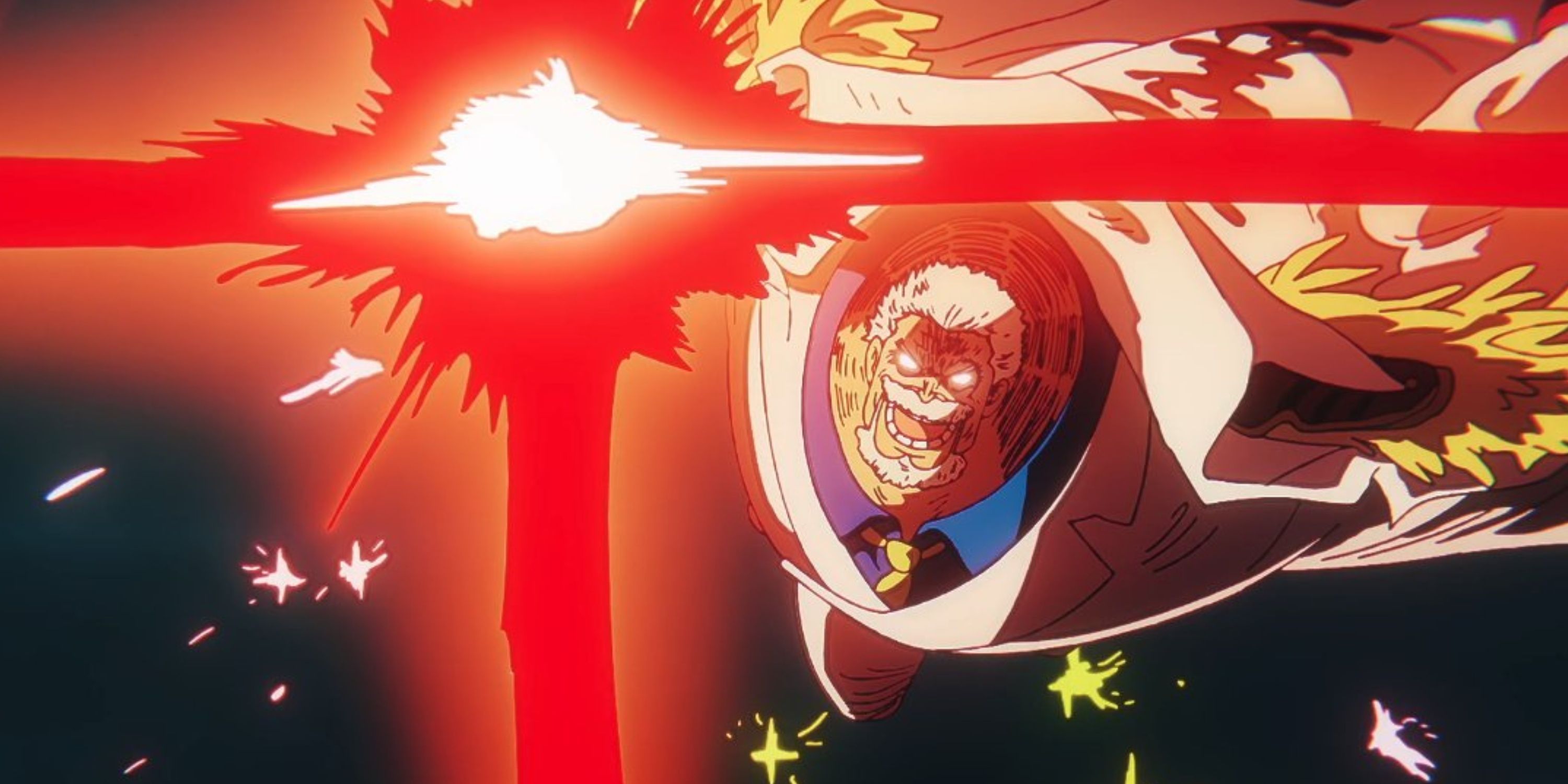 Marine Vice Admiral Garp uses Galaxy Impact to assault Pirate Island Hachinosu in One Piece.