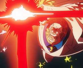 Marine Vice Admiral Garp uses Galaxy Impact to assault Pirate Island Hachinosu in One Piece.