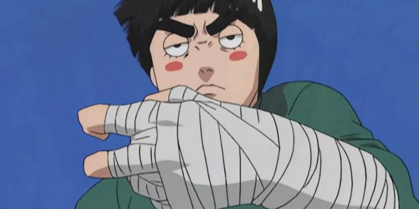 Rock Lee raises his bandaged fist while his eyes are half-closed and he has little blush marks under his eyes.