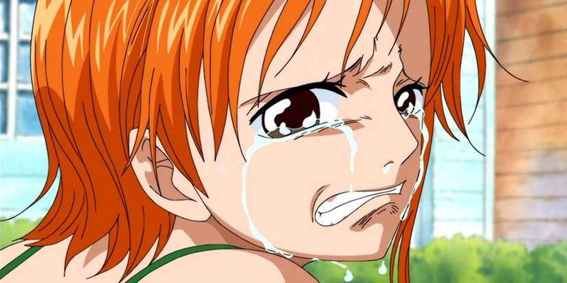 Nami cries and tearfully asks Monkey D. Luffy to save Cocoyashi Village from the Arlong Pirates in One Piece