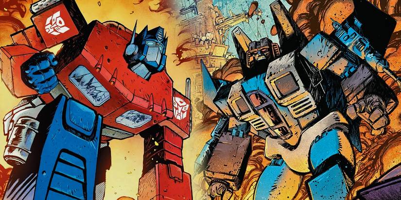 Optimus Prime and Starscream fight each other in a desolate wasteland on the cover of Skybound's new Transformers comic.