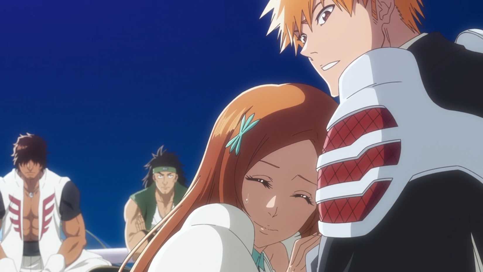 Bleach's Orihime Inoue hugs Ichigo Kurosaki while Chad and Ganju watch