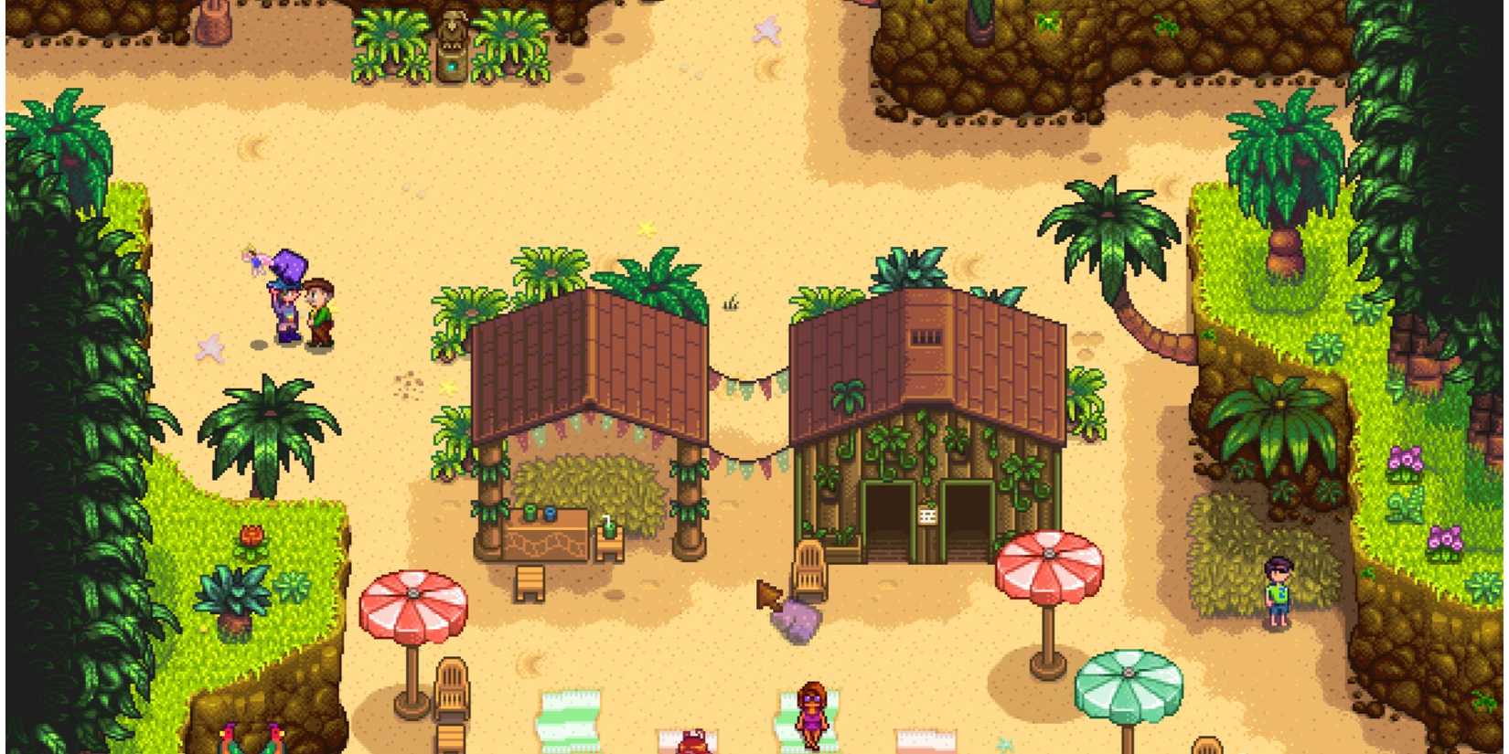 Players give Mayor Lewis his Lucky Shorts at Ginger Island's Resort in Stardew Valley.
