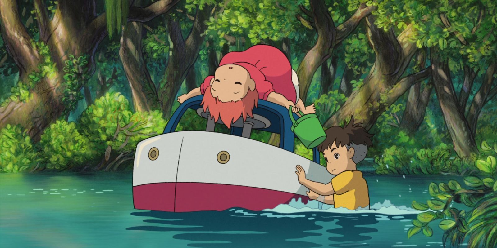 Souskey pushes Ponyo on a child-sized boat in Studio Ghibli's Ponyo.