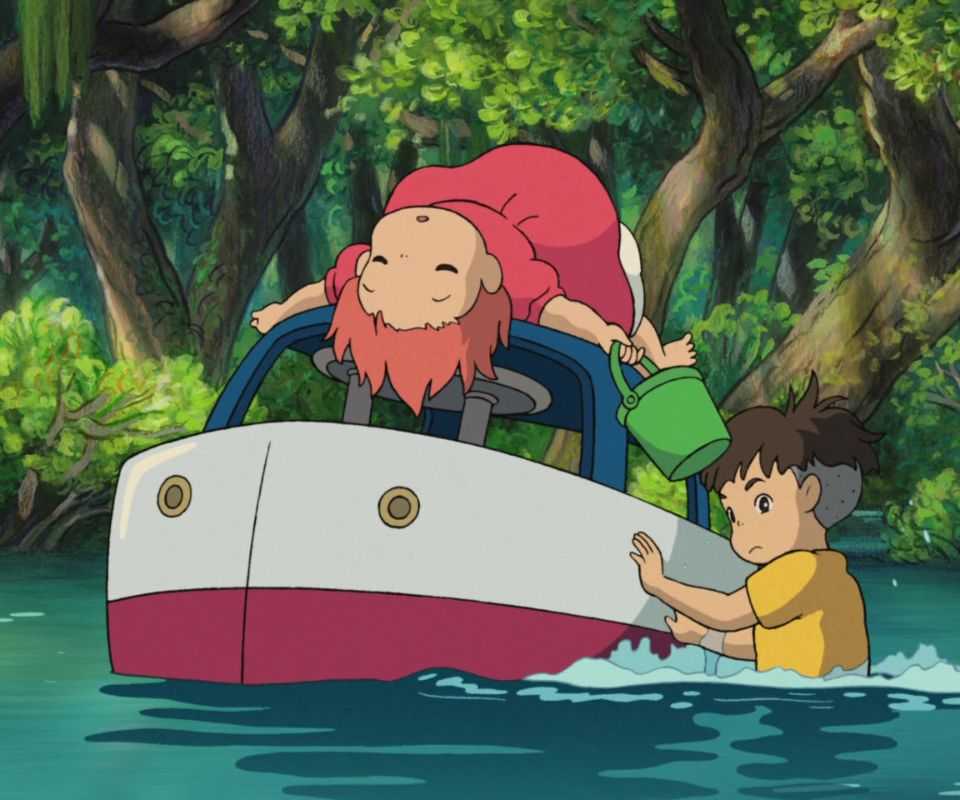 Souskey pushes Ponyo on a child-sized boat in Studio Ghibli's Ponyo.