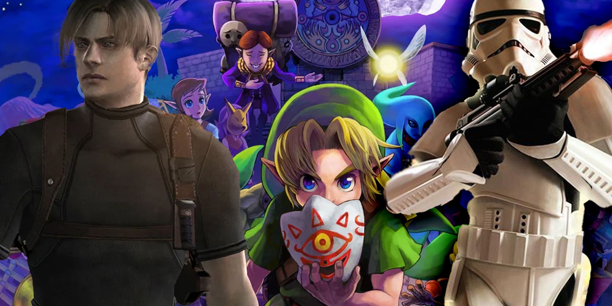 Images from Resident Evil 4, Majora's Mask and Star Wars Battlefront form a collage.