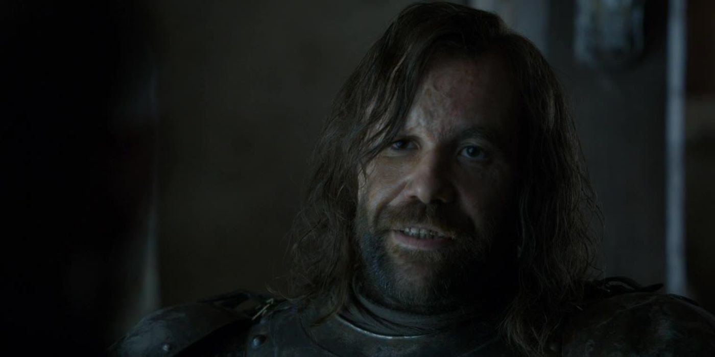 A close-up of Sandor "The Hound" Clegane declaring his intention to eat every chicken while in a tavern in Game of Thrones