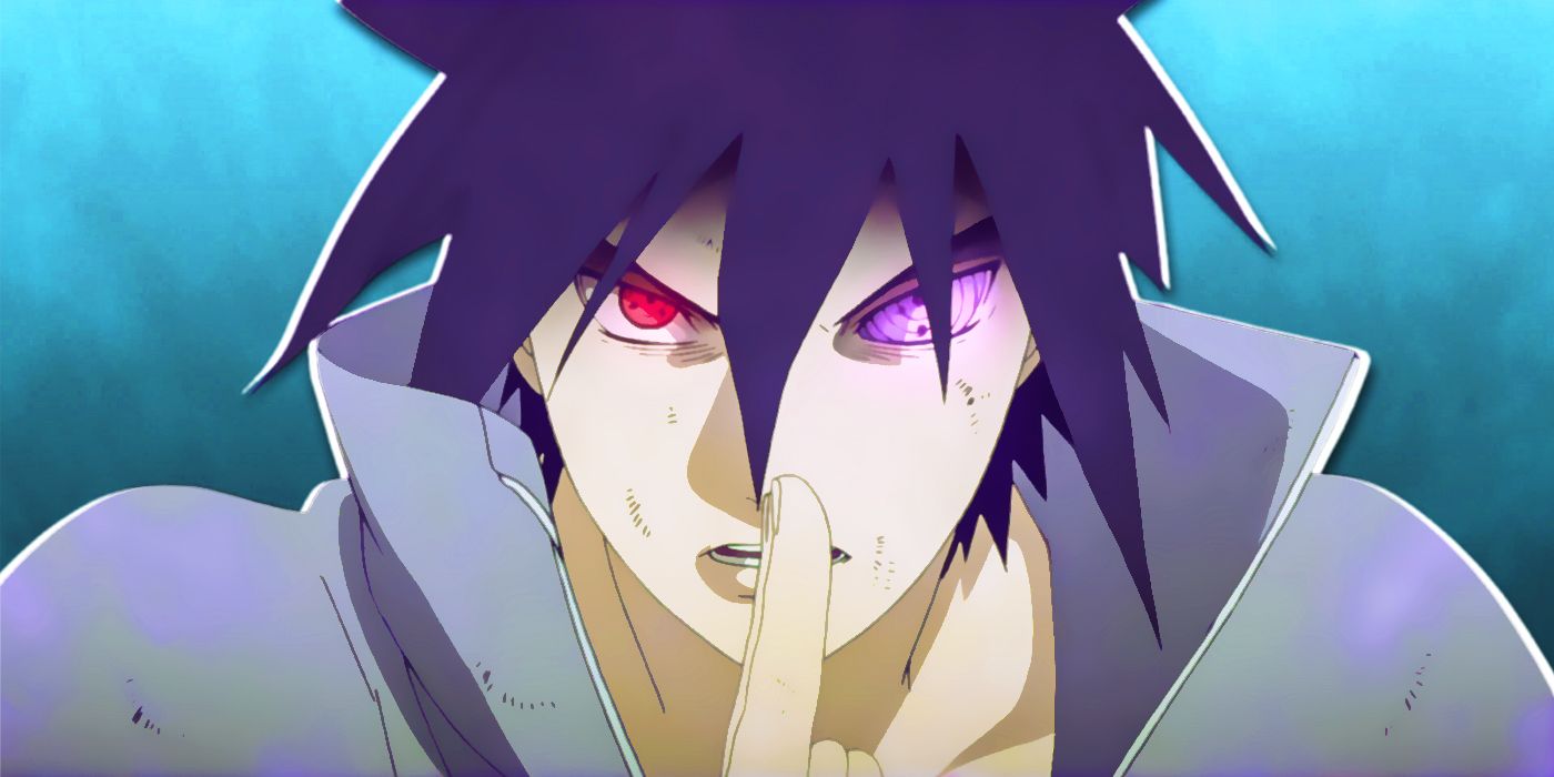 Sasuke with the sharingan and rinnegan in Naruto.
