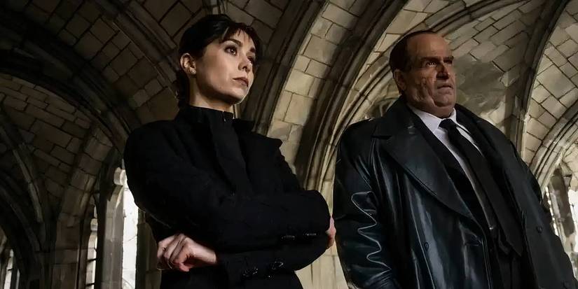Sofia Gigante and Oz Cobb at a funeral together in Gotham City in The Penguin.