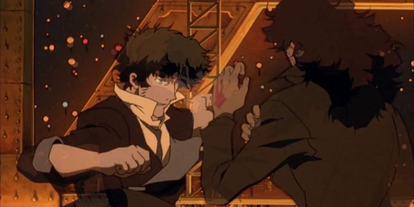 Spike Spiegel e Vincent Volaju estão lutando em Cowboy Bebop: The Movie.