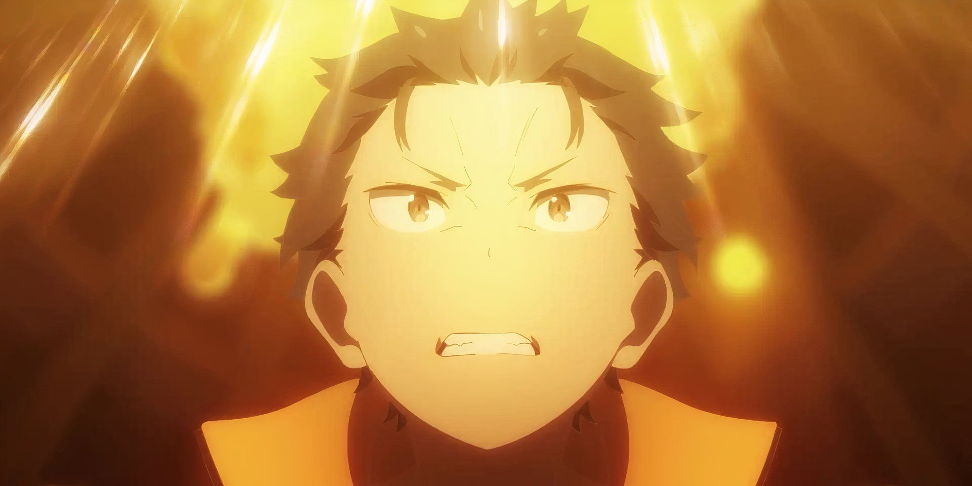 Subaru reacts angrily as he looks up in yellow light.