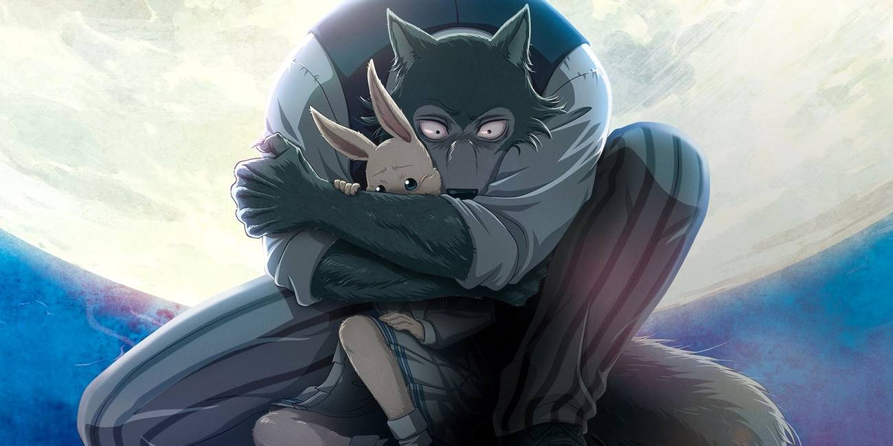 Legoshi hugs Haru from Beastars with full moon behind them.
