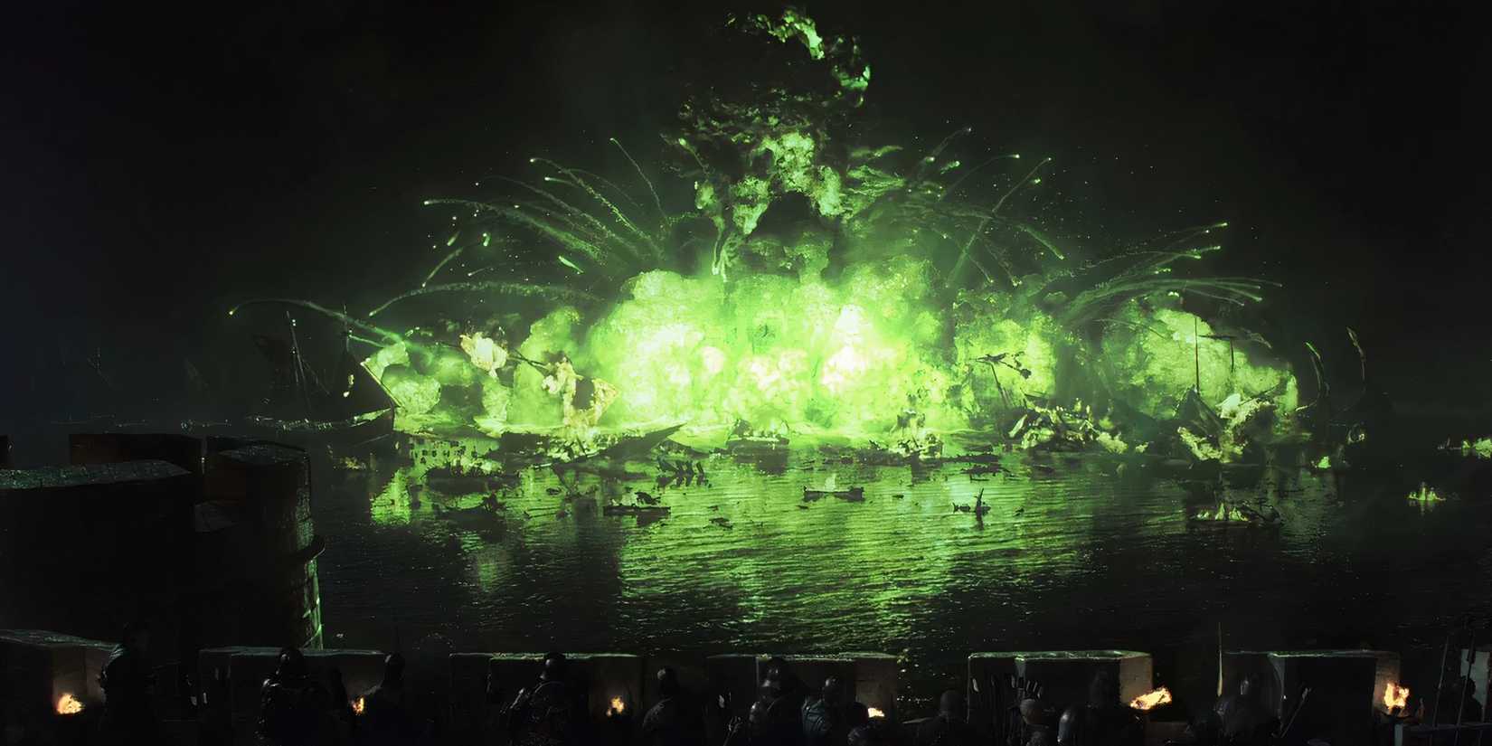 A fleet of ships explodes in green fire in Game of Thrones
