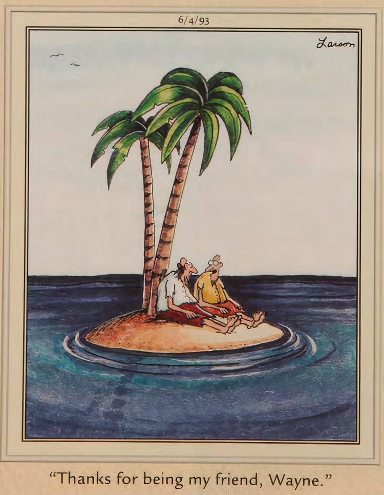Two men sit together on a deserted island, sharing their gratitude.
