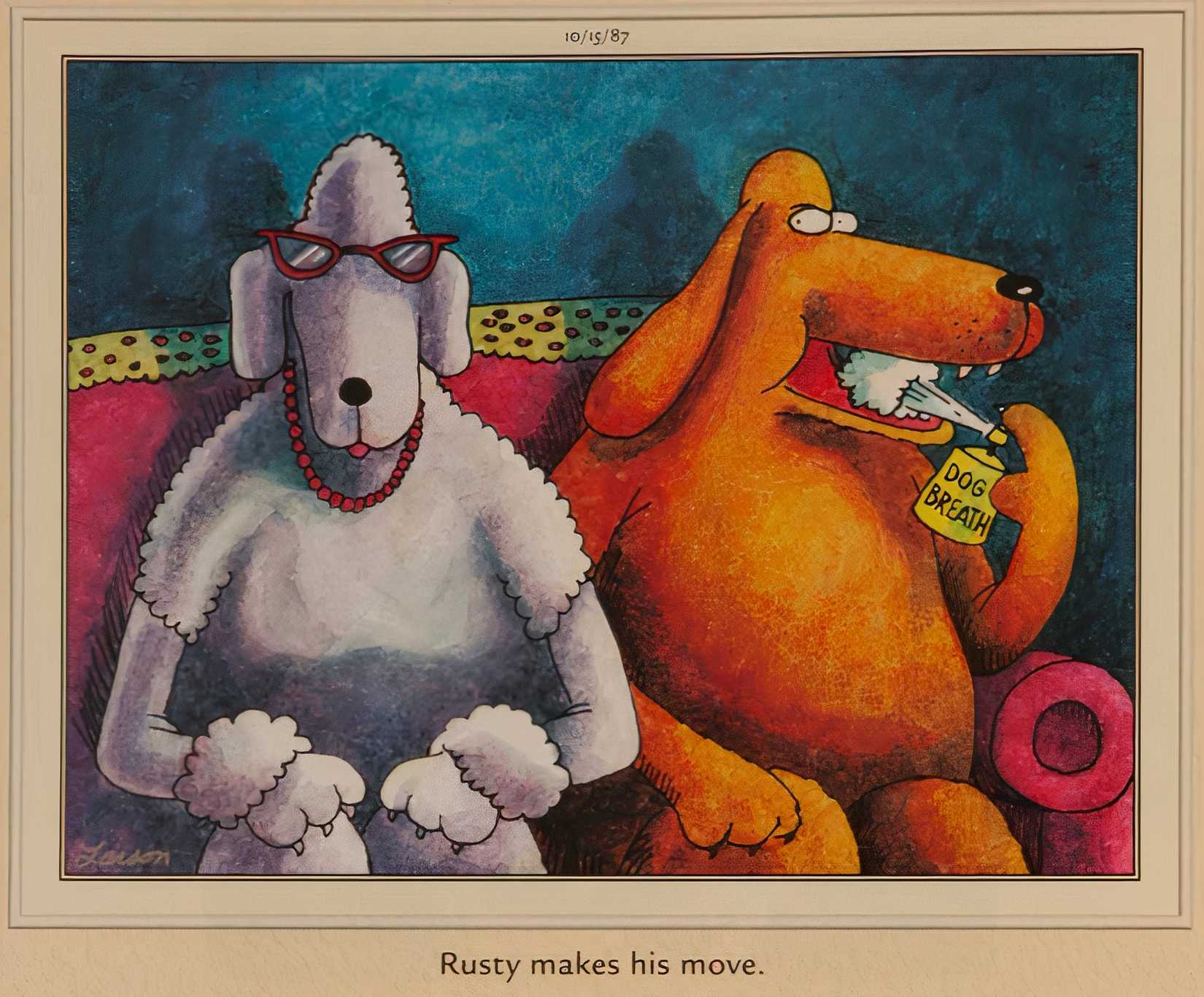 Two dogs sit beside each other watching TV. The boy dog sprays "dog breath" on its mouth as he plans to kiss the girl dog.