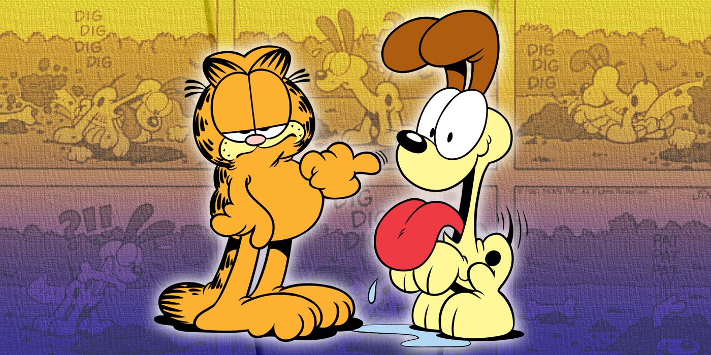 Garfield and Odie with comic strips in the background