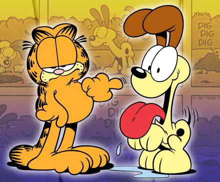 Garfield and Odie with comic strips in the background