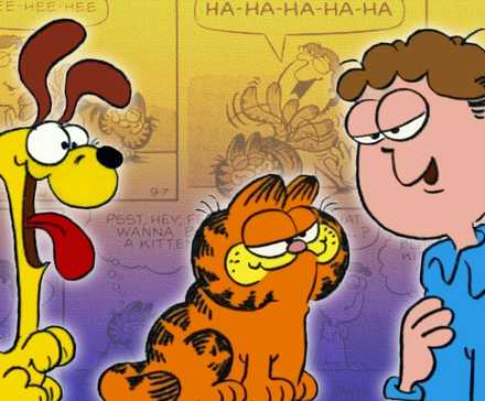 Early versions of Odie, Garfield, and Jon with comics in the background