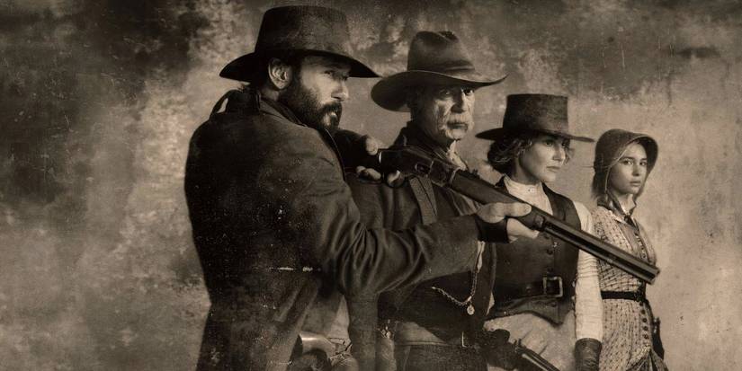 Four of the lead cast members of 1883 pose for a black and white photo.