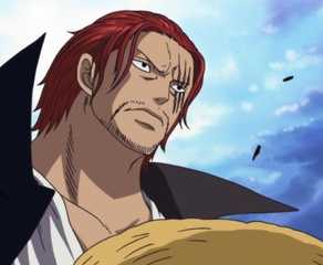 Shanks holds onto Monkey D. Luffy's straw hat toward the end of the Summit War and Marineford Arc in One Piece.