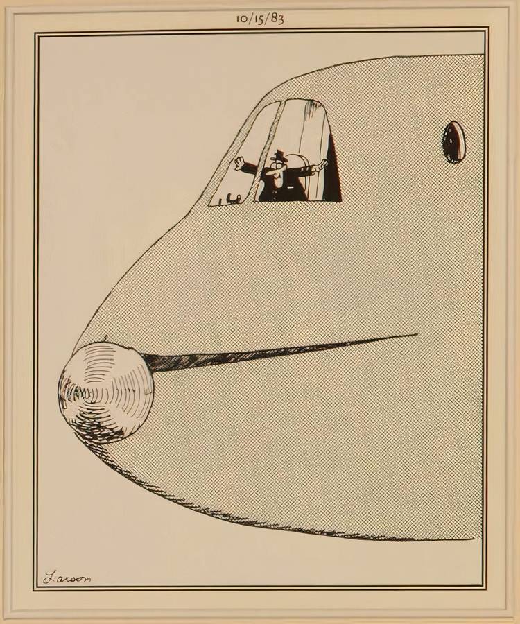 A man flying a jumbo airplane opens his arms wide to play an airplane himself.