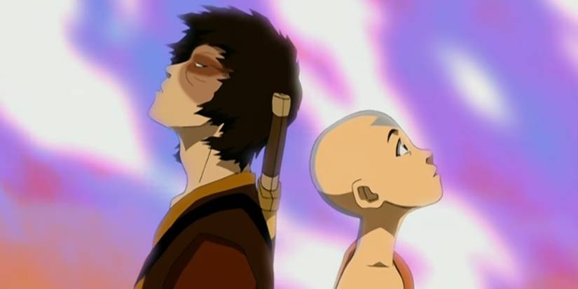 Aang ve Zuko renkli bir ateşe bakıyor
