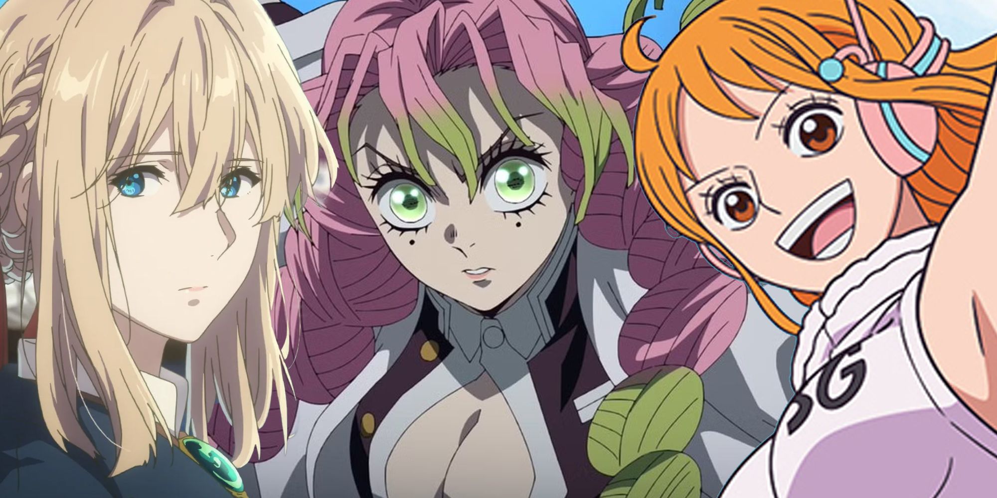 Attractive female anime collage with Violet Evergarden, Mitsuri Kanroji and Nami