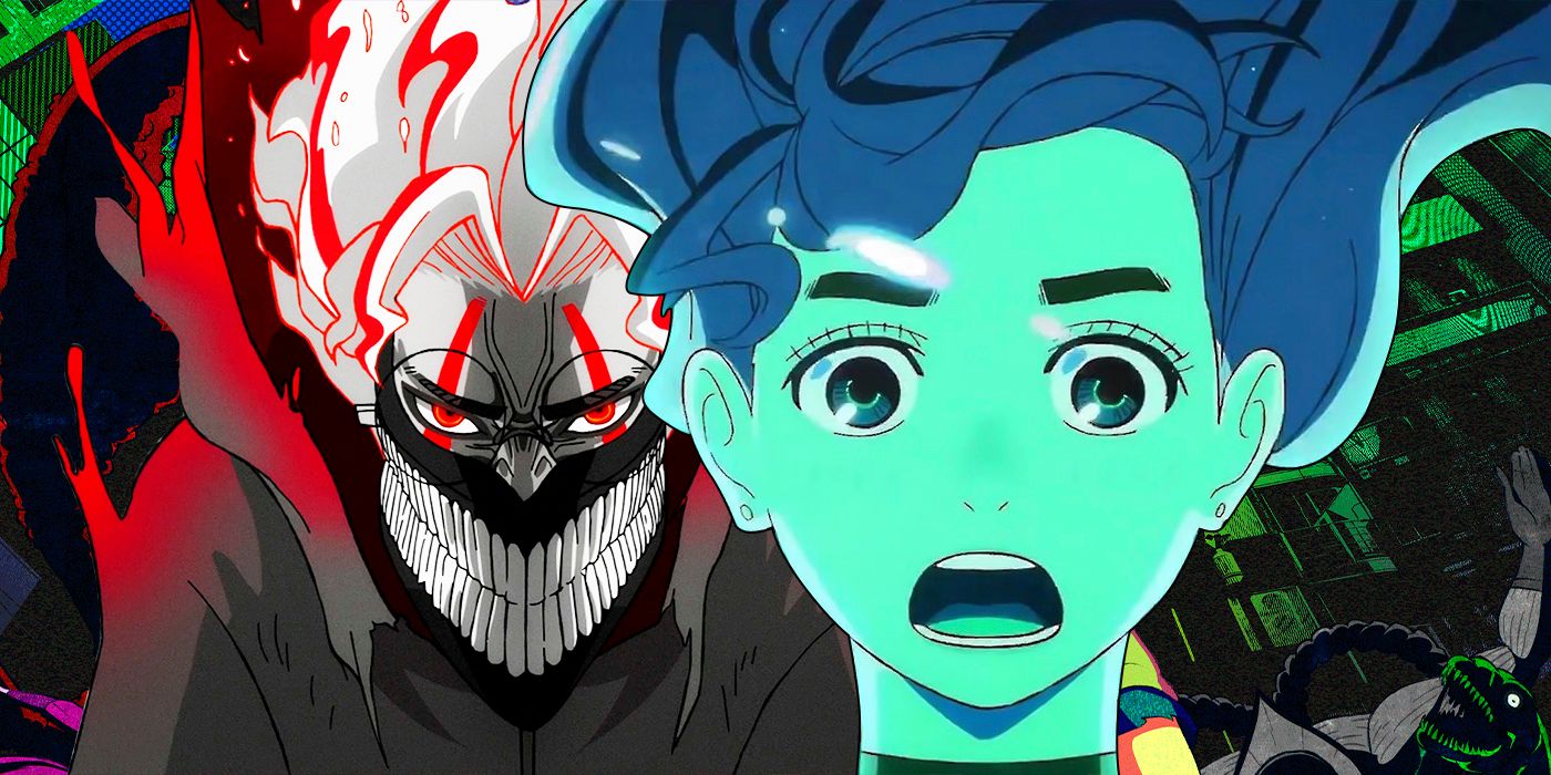 Images of Momo and Okarun from the Dandadan anime series are spliced together.