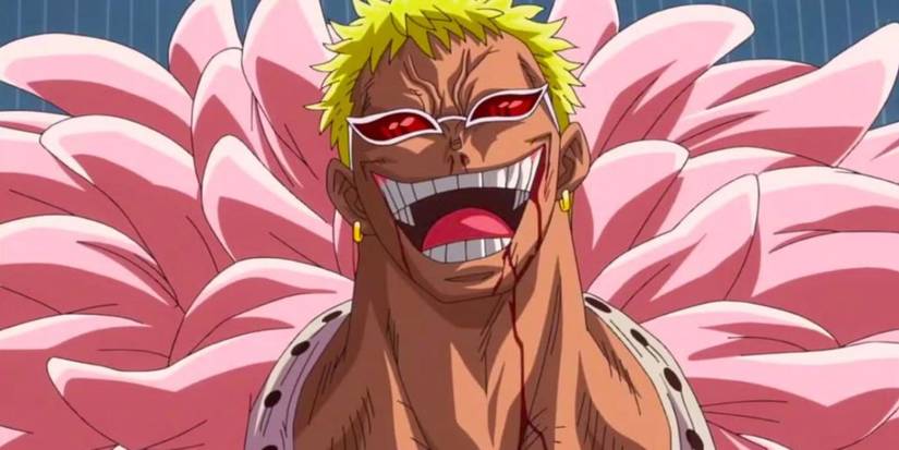 Donquixote Doflamingo laughs as he tells Luffy that he plans to destroy the kingdom of Dressrosa during the Dressrosa arc of a room.