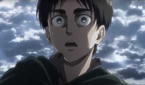 Eren Yeager looks shocked against a cloudy sky in Attack on Titan.