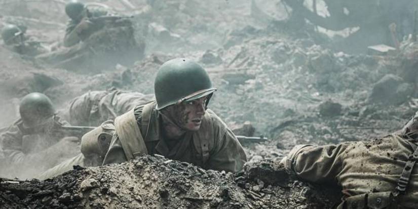 Andrew Garfield as Desmond Doss in battle from the movie Hacksaw Ridge
