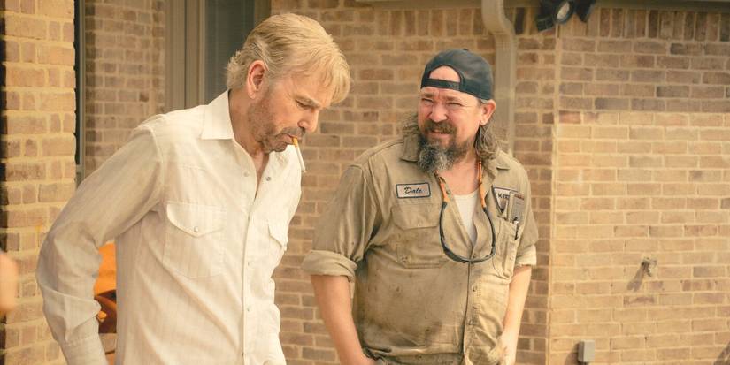 Tommy (Billy Bob Thornton) looking down wearing a white shirt, with Dale (James Jordan) in Landman