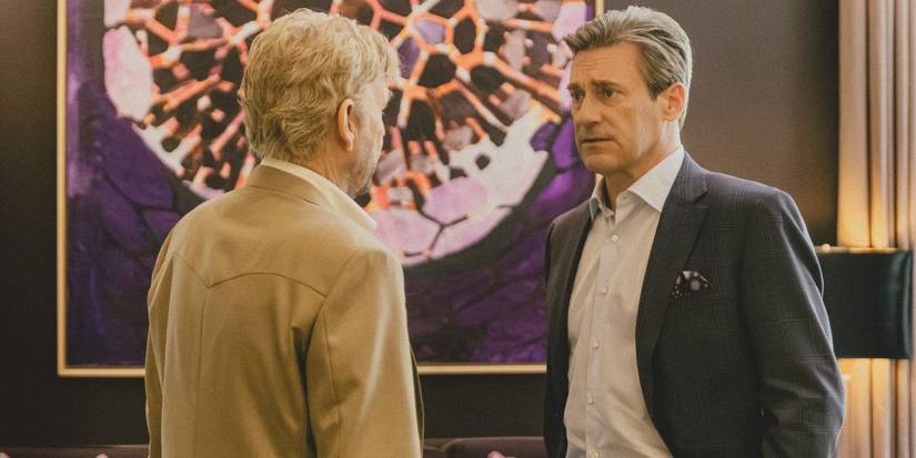 Monty Miller (actor Jon Hamm) stands facing Tommy Norris (actor Billy Bob Thornton) in Landman