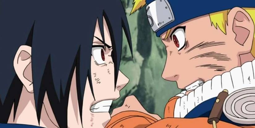 Naruto Uzumaki and Sasuke Uchiha are confronting each other with aggravated expressions during their first fight in Naruto.