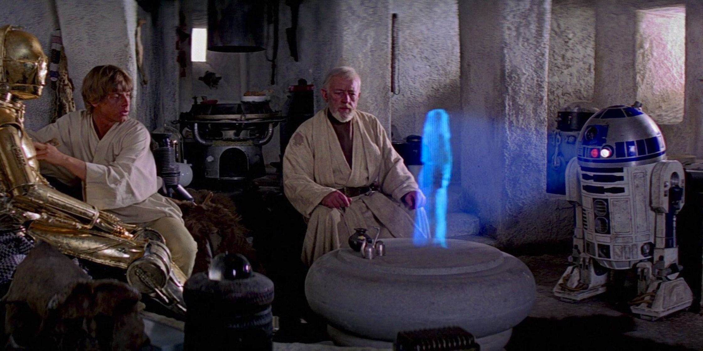 Luke Skywalker, C3PO, Obi Wan Kenobi and R2D2 from Star Wars: A New Hope