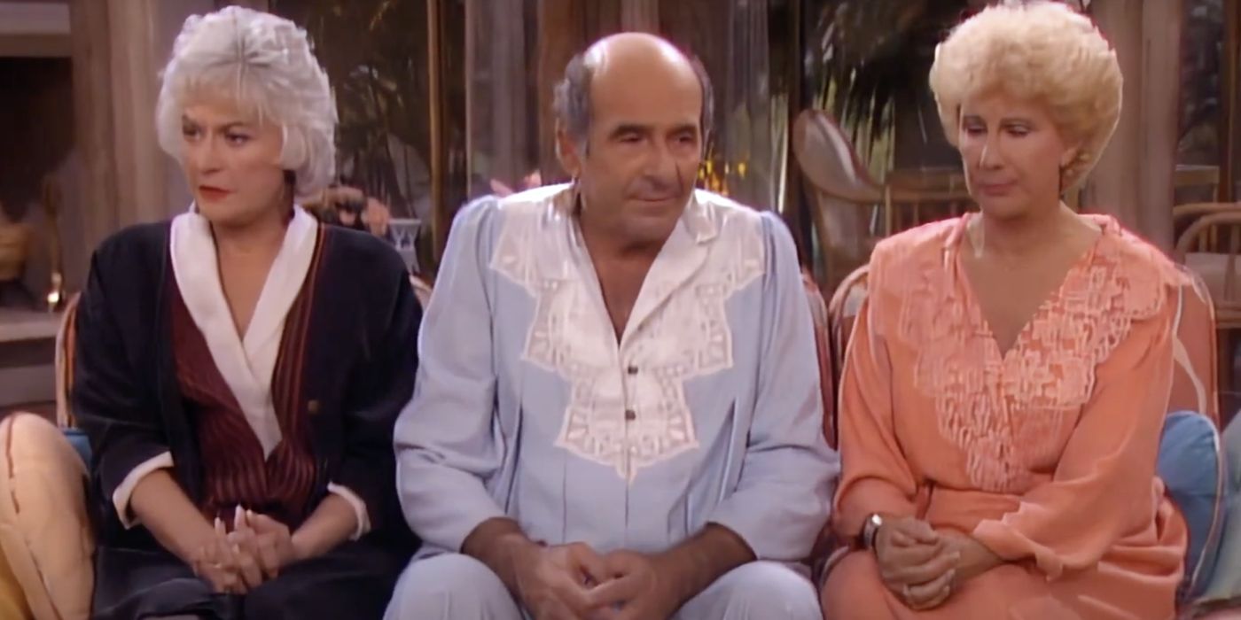 Bea Arthur como Dorothy Zbornak, Herb Edelman como Stanley Zbornak e Dena Dietrich como Gloria Harker em Golden Girls